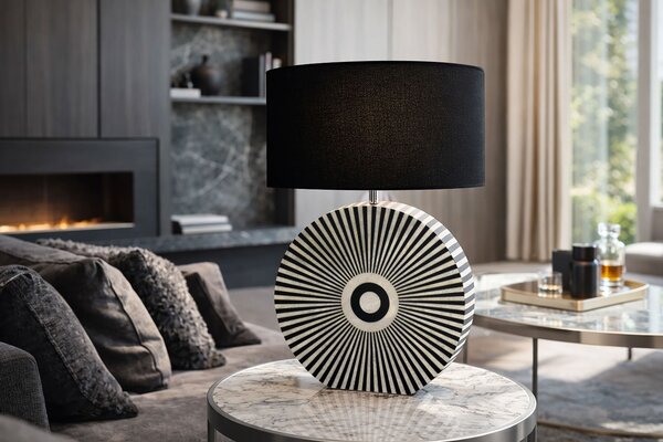 Estila Dizajnová art deco stolná lampa Celia s podstavou s intarziou so vzorom lúčov v čiernej a bielej farbe 62 cm