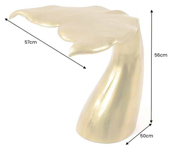 Estila Moderný glamour kovový príručný stolík Whale v atypickom tvare rybej plutvy zlatej farby 57 cm