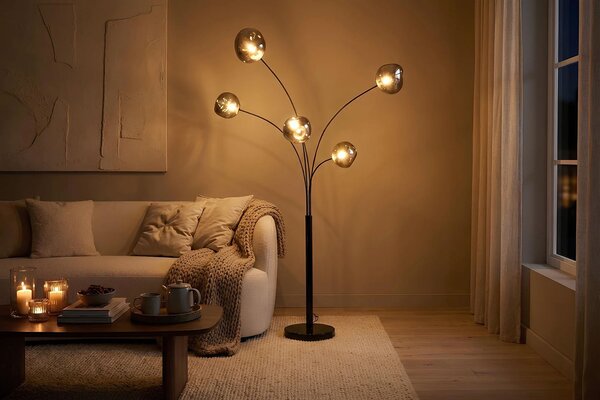 Estila Moderná dizajnová stojaca lampa Kalan s piatimi atypickými sklenenými tienidlami v sivej a čiernej farbe 202 cm