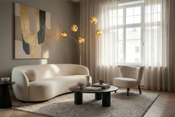 Estila Moderná glamour stojaca lampa Kalan so sklenenými dizajnovými tienidlami v zlatej farbe s čiernou podstavou 202 cm