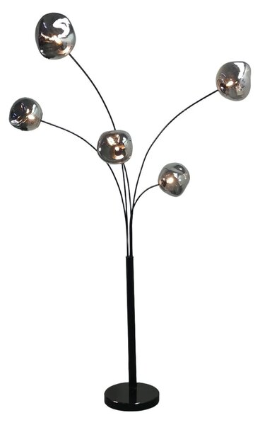 Estila Moderná dizajnová stojaca lampa Kalan s piatimi atypickými sklenenými tienidlami v sivej a čiernej farbe 202 cm