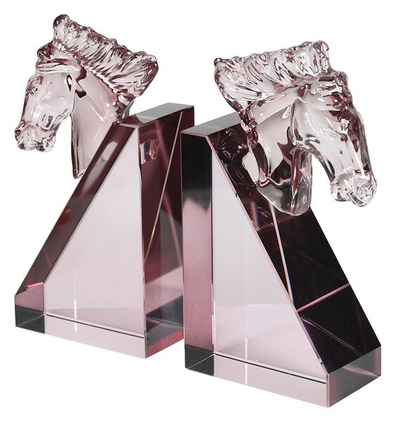 Estila Dizajnové zarážky na knihy Horse Crystal z ružového krištáľového skla s vymodelovanou hlavou koňa a geometrickou podstavou 21 cm