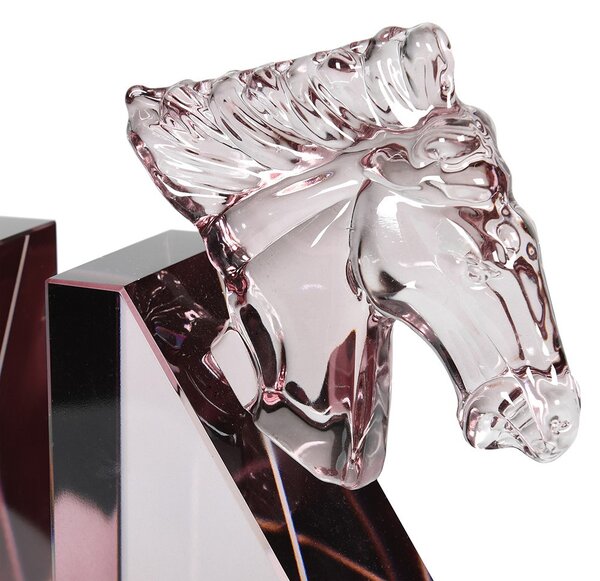 Estila Dizajnové zarážky na knihy Horse Crystal z ružového krištáľového skla s vymodelovanou hlavou koňa a geometrickou podstavou 21 cm