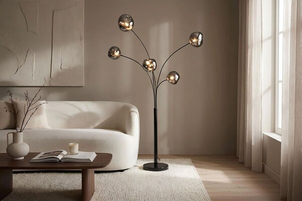 Estila Moderná dizajnová stojaca lampa Kalan s piatimi atypickými sklenenými tienidlami v sivej a čiernej farbe 202 cm