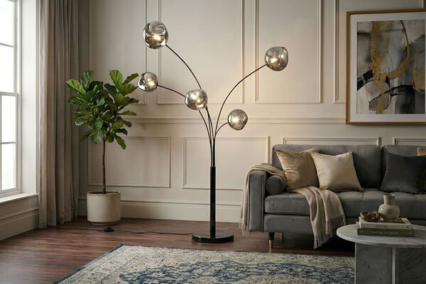 Estila Moderná dizajnová stojaca lampa Kalan s piatimi atypickými sklenenými tienidlami v sivej a čiernej farbe 202 cm