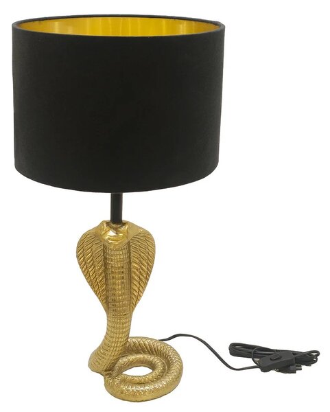 Estila Dizajnová glamour stolná lampa Tierra Glam so zlatou kovovou podstavou v tvare kobry s čiernym tienidlom 65 cm