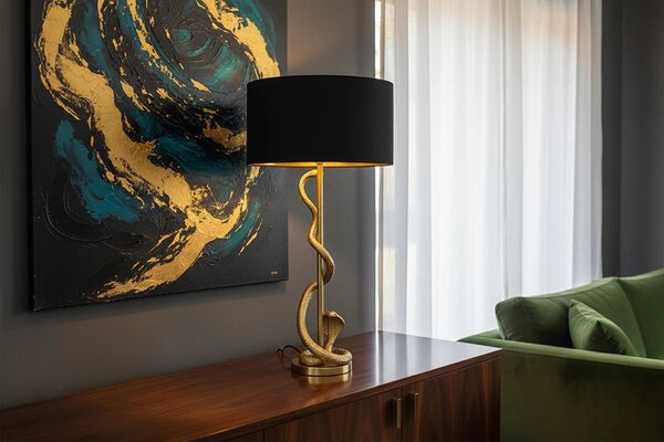 Estila Dizajnová glamour stolná lampa Tierra Glam so zlatou kovovu podstavou s figúrou kobry a čiernym textilným tienidlom 110 cm