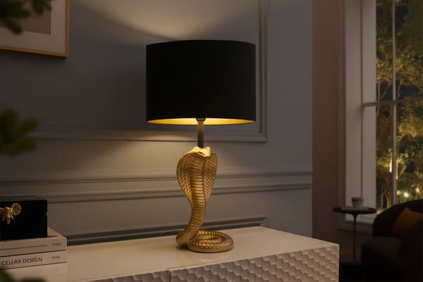 Estila Dizajnová glamour stolná lampa Tierra Glam so zlatou kovovou podstavou v tvare kobry s čiernym tienidlom 65 cm