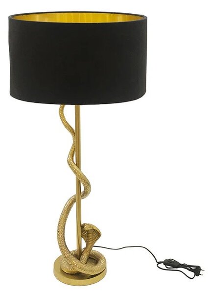 Estila Dizajnová glamour stolná lampa Tierra Glam so zlatou kovovu podstavou s figúrou kobry a čiernym textilným tienidlom 110 cm