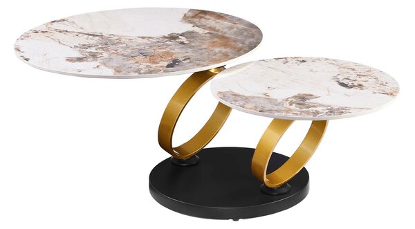 Estila Art deco konferenčný stolík Delin s dvomi otočnými okrúhlymi doskami s dizajnom bielo-hnedého mramoru so zlatou podstavou 135 cm