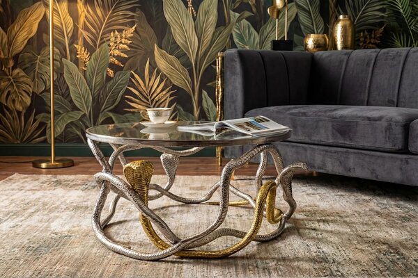 Estila Glamour sklenený okrúhly konferenčný stolík Tierra Glam s kovovou konštrukciou v zlatej a striebornej farbe v tvare hadov 70 cm