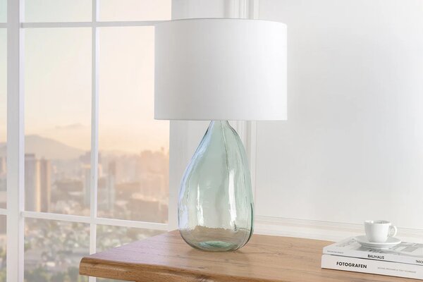 Estila Dizajnová moderná stolná lampa Glassy s priehľadnou nohou zo skla s bielym textilným tienidlom 60 cm
