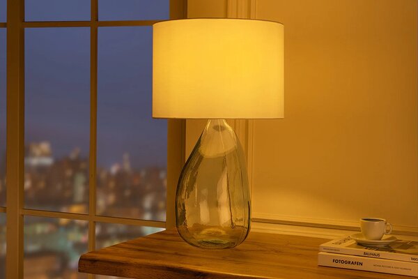 Estila Dizajnová moderná stolná lampa Glassy s priehľadnou nohou zo skla s bielym textilným tienidlom 60 cm