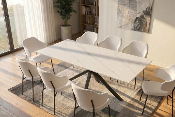 Estila Moderný obdĺžnikový jedálenský stôl Ceramia Blanca s keramickou doskou v dizajne bieleho mramoru s prekríženými nohami 180 cm