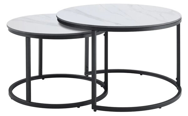 Estila Moderná sada bielych okrúhlych konferenčných stolíkov Ceramia Blanca so sivým mramorovaním a čiernou podstavou 47 cm