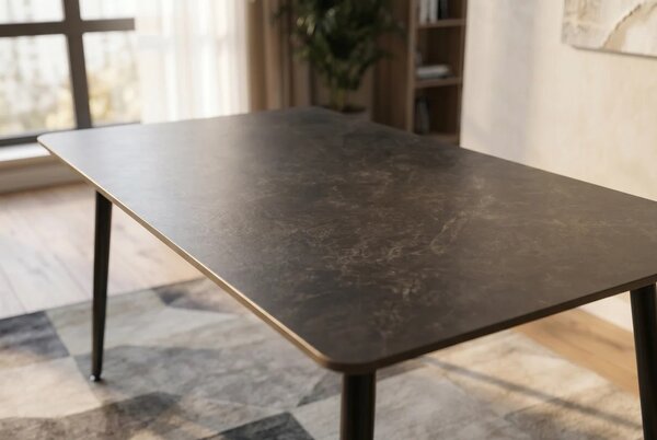 Estila Industriálny obdĺžnikový čierny jedálenský stôl Ceramia Gris s keramickou doskou so sivým mramorovaním a kovovými nohami 120 cm