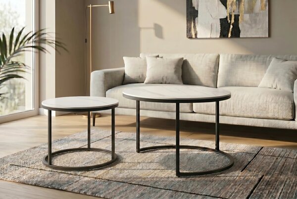 Estila Moderná sada bielych okrúhlych konferenčných stolíkov Ceramia Blanca so sivým mramorovaním a čiernou podstavou 47 cm