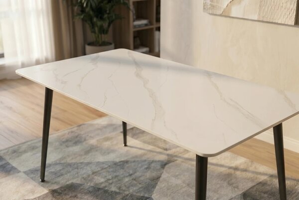 Estila Moderný keramický jedálenský stôl Ceramia Blanca s bielou obdĺžnikovou doskou so sivým mramorovaním a čiernymi nohami 140 cm