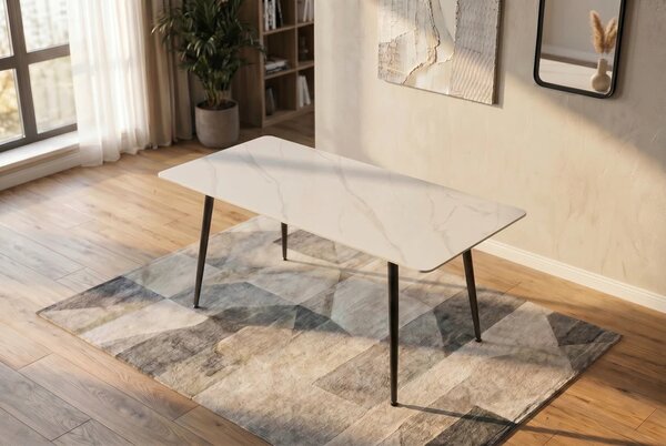 Estila Moderný keramický jedálenský stôl Ceramia Blanca s bielou obdĺžnikovou doskou so sivým mramorovaním a čiernymi nohami 140 cm