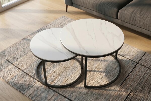 Estila Moderná sada bielych okrúhlych konferenčných stolíkov Ceramia Blanca so sivým mramorovaním a čiernou podstavou 47 cm