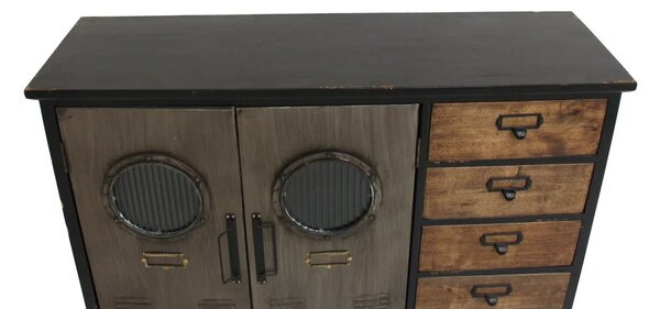 Estila Industriálny dvojdverový príborník Lincoln s piatimi zásuvkami v čiernej farbe s dizajnovými detailmi v sivej a hnedej 105 cm