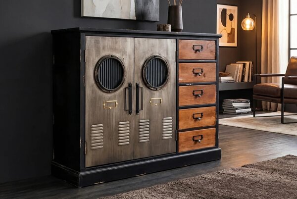Estila Industriálny dvojdverový príborník Lincoln s piatimi zásuvkami v čiernej farbe s dizajnovými detailmi v sivej a hnedej 105 cm