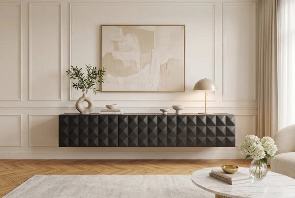 Estila Dizajnový masívny nástenný TV stolík Vinan s tromi dvierkami a geometrickým plastickým reliéfom v čiernej farbe 160 cm