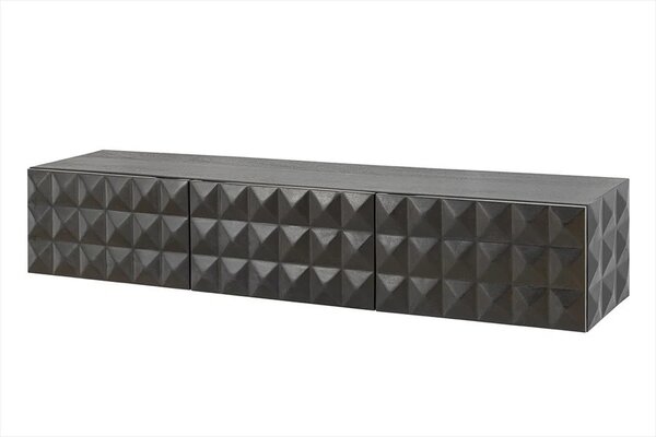 Estila Dizajnový masívny nástenný TV stolík Vinan s tromi dvierkami a geometrickým plastickým reliéfom v čiernej farbe 160 cm