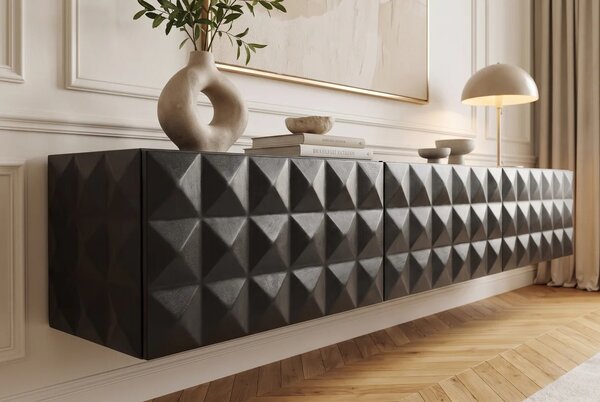 Estila Dizajnový masívny nástenný TV stolík Vinan s tromi dvierkami a geometrickým plastickým reliéfom v čiernej farbe 160 cm