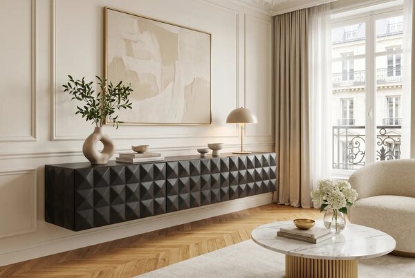 Estila Dizajnový masívny nástenný TV stolík Vinan s tromi dvierkami a geometrickým plastickým reliéfom v čiernej farbe 160 cm