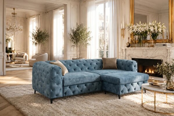 Estila Moderná chesterfield trojmiestna sedačka Modern Barock so zamatovým prešívaným poťahom v petrolejovej modrej farbe 235 cm