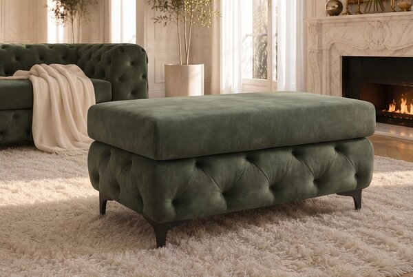 Estila Moderná glamour obdĺžniková taburetka Modern Barock so zeleným zamatovým poťahom a chesterfield prešívaním na nožičkách 95 cm