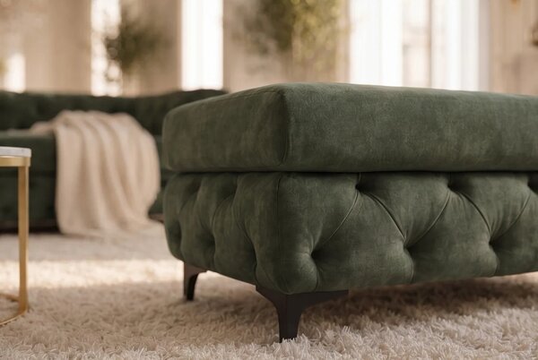 Estila Moderná glamour obdĺžniková taburetka Modern Barock so zeleným zamatovým poťahom a chesterfield prešívaním na nožičkách 95 cm