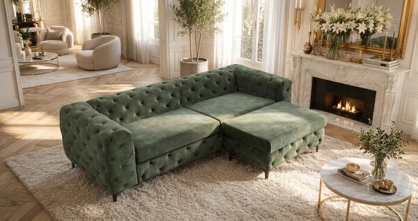 Estila Moderná glamour zelená trojmiestna sedačka Modern Barock so zamatovým poťahom s prešívaním v chesterfield štýle 235 cm