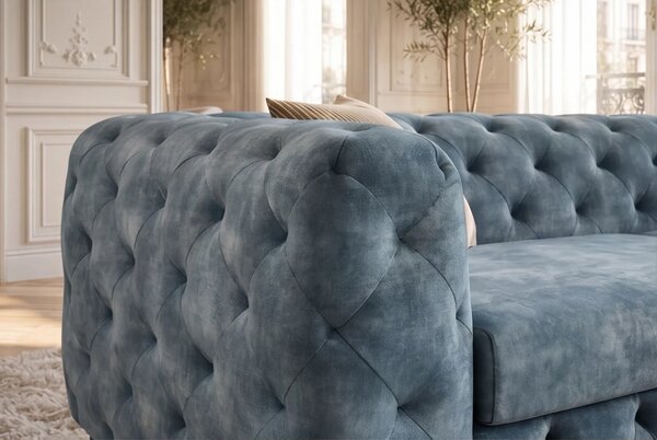 Estila Moderná chesterfield trojmiestna sedačka Modern Barock so zamatovým prešívaným poťahom v petrolejovej modrej farbe 235 cm