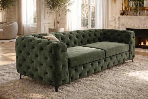 Estila Moderná glamour zelená trojmiestna sedačka Modern Barock so zamatovým poťahom s prešívaním v chesterfield štýle 235 cm