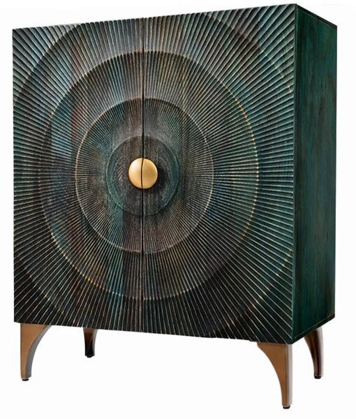 Estila Dizajnová art deco dvojdverová barová skrinka Cumbria v tyrkysovej farbe so zlatými detailmi a reliéfom s motívom slnka 120 cm