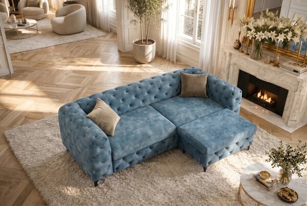 Estila Moderná chesterfield trojmiestna sedačka Modern Barock so zamatovým prešívaným poťahom v petrolejovej modrej farbe 235 cm