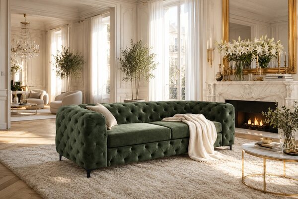 Estila Moderná glamour zelená trojmiestna sedačka Modern Barock so zamatovým poťahom s prešívaním v chesterfield štýle 235 cm