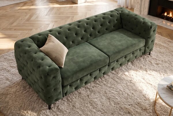 Estila Moderná glamour zelená trojmiestna sedačka Modern Barock so zamatovým poťahom s prešívaním v chesterfield štýle 235 cm