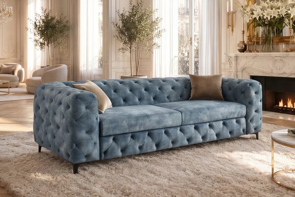 Estila Moderná chesterfield trojmiestna sedačka Modern Barock so zamatovým prešívaným poťahom v petrolejovej modrej farbe 235 cm