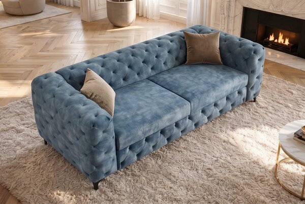 Estila Moderná chesterfield trojmiestna sedačka Modern Barock so zamatovým prešívaným poťahom v petrolejovej modrej farbe 235 cm