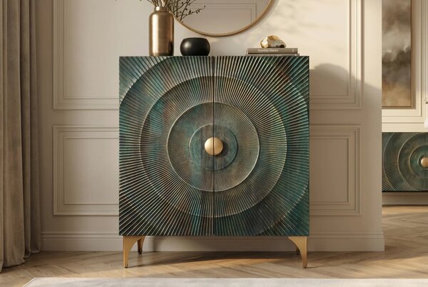 Estila Dizajnová art deco dvojdverová barová skrinka Cumbria v tyrkysovej farbe so zlatými detailmi a reliéfom s motívom slnka 120 cm