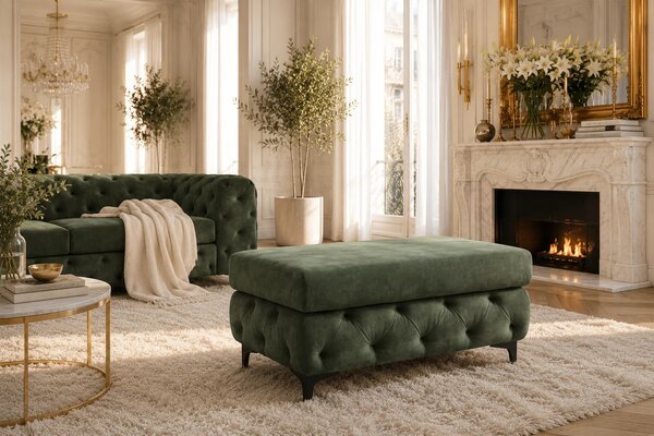 Estila Moderná glamour obdĺžniková taburetka Modern Barock so zeleným zamatovým poťahom a chesterfield prešívaním na nožičkách 95 cm