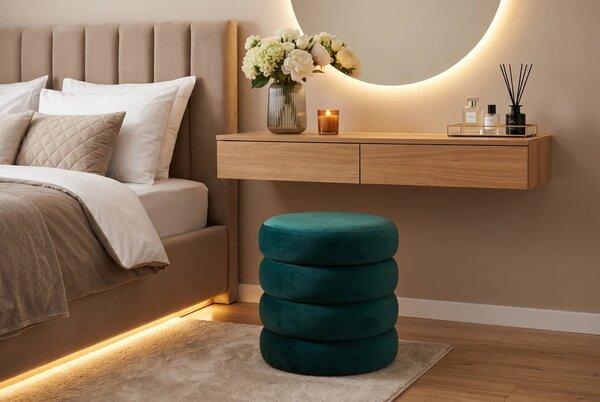 Estila Moderná art deco okrúhla taburetka Eliana v tyrkysovej modrozelenej farbe s úložným priestorom a zamatovým čalúnením 41 cm