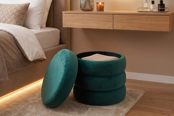 Estila Moderná art deco okrúhla taburetka Eliana v tyrkysovej modrozelenej farbe s úložným priestorom a zamatovým čalúnením 41 cm
