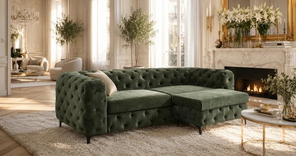 Estila Moderná glamour zelená trojmiestna sedačka Modern Barock so zamatovým poťahom s prešívaním v chesterfield štýle 235 cm