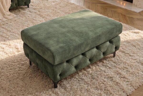 Estila Moderná glamour obdĺžniková taburetka Modern Barock so zeleným zamatovým poťahom a chesterfield prešívaním na nožičkách 95 cm
