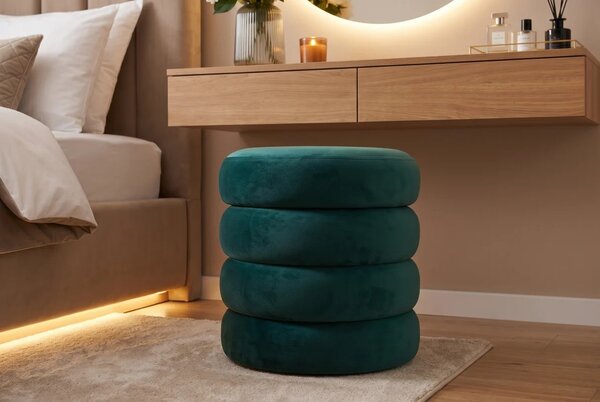 Estila Moderná art deco okrúhla taburetka Eliana v tyrkysovej modrozelenej farbe s úložným priestorom a zamatovým čalúnením 41 cm