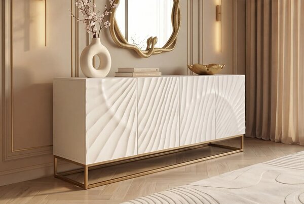 Estila Moderný štvordverový art-deco príborník Cumbria z bieleho mangového dreva s 3D dekorom vĺn a zlatou kovovou podstavou 180 cm
